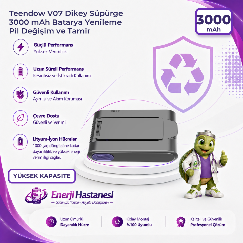 Teendow V07 Dikey Süpürge 3000 mAh Batarya Yenileme Pil Değişim ve Tamir