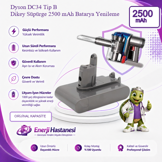 Dyson DC34 Tip B Dikey Süpürge 2500 mAh Batarya Yenileme