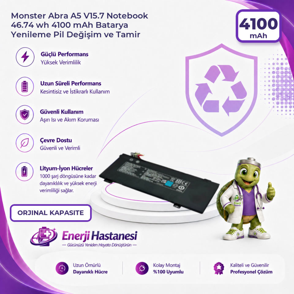 Monster Abra A5 V15.7 Notebook 46.74 wh 4100 mAh Batarya Yenileme Pil Değişim ve Tamir