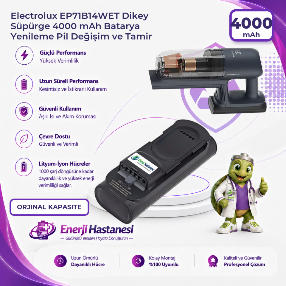 Electrolux EP71B14WET Dikey Süpürge 4000 mAh Batarya Yenileme Pil Değişim ve Tamir