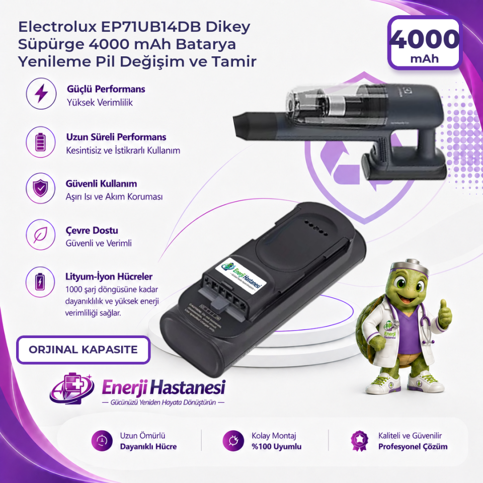 Electrolux EP71UB14DB Dikey Süpürge 4000 mAh Batarya Yenileme Pil Değişim ve Tamir