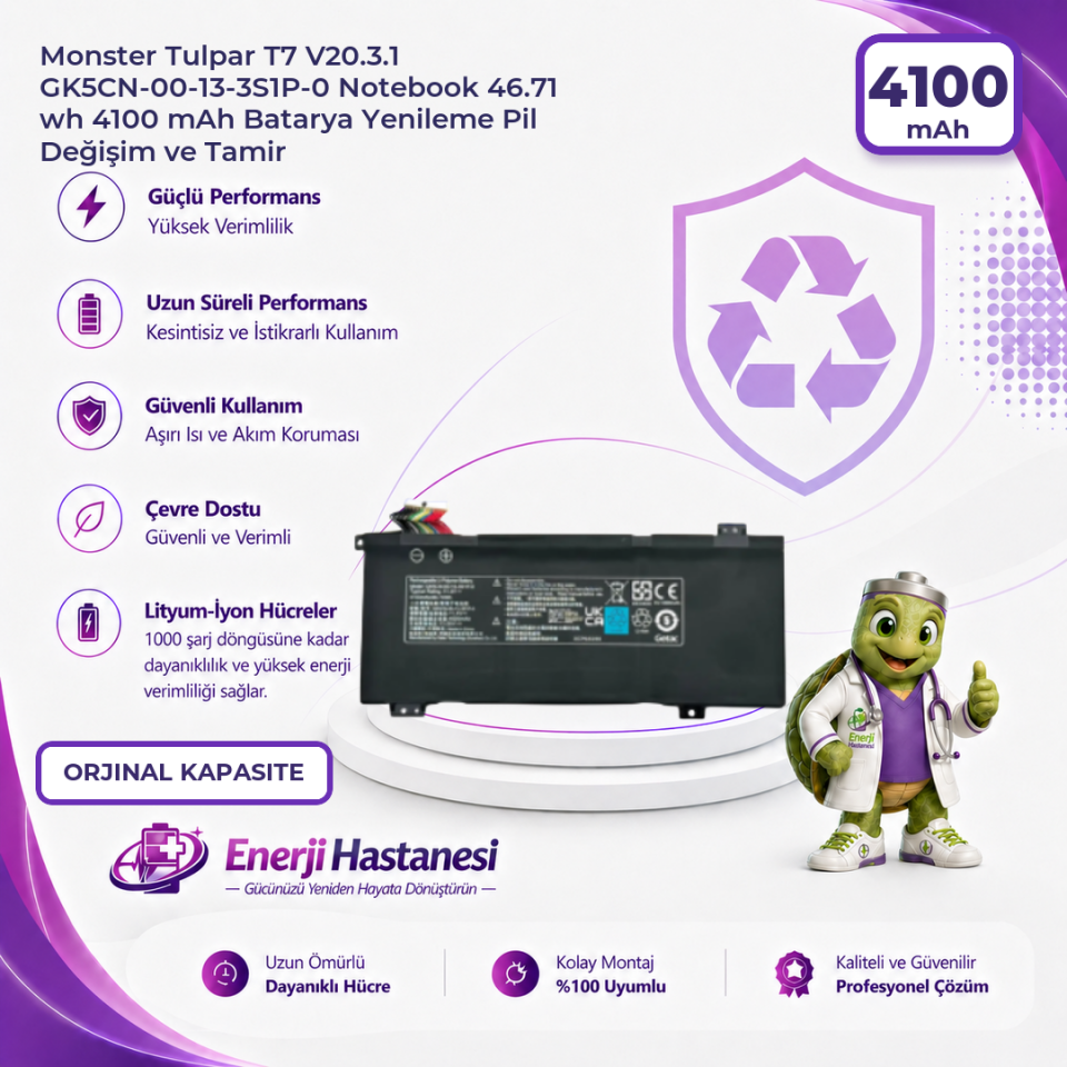 Monster Tulpar T7 V20.3.1 GK5CN-00-13-3S1P-0 Notebook 46.71 wh 4100 mAh Batarya Yenileme Pil Değişim ve Tamir