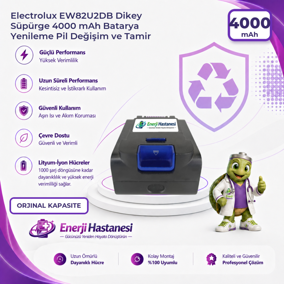 Electrolux EW82U2DB Dikey Süpürge 4000 mAh Batarya Yenileme Pil Değişim ve Tamir