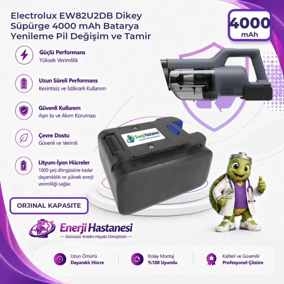 Electrolux EW82U2DB Dikey Süpürge 4000 mAh Batarya Yenileme Pil Değişim ve Tamir