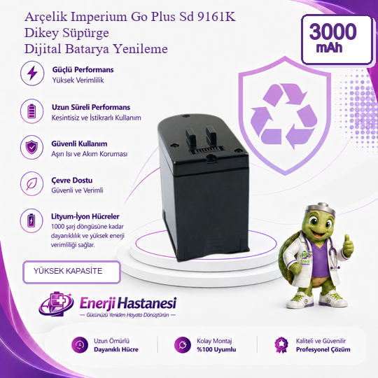 Arçelik Imperium Go Plus Sd 9161K Dikey Süpürge 3000 mAh Dijital Batarya Yenileme