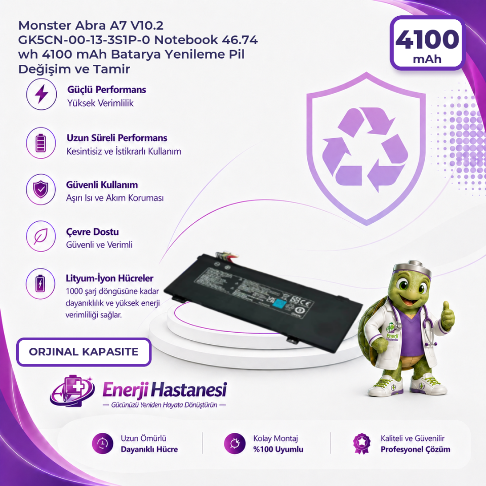 Monster Abra A7 V10.2 GK5CN-00-13-3S1P-0 Notebook 46.74 wh 4100 mAh Batarya Yenileme Pil Değişim ve Tamir