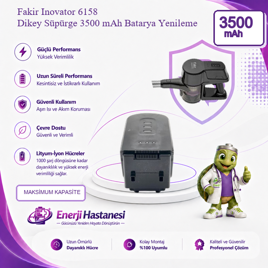 Fakir Inovator 6158 Dikey Süpürge 3500 mAh Batarya Yenileme
