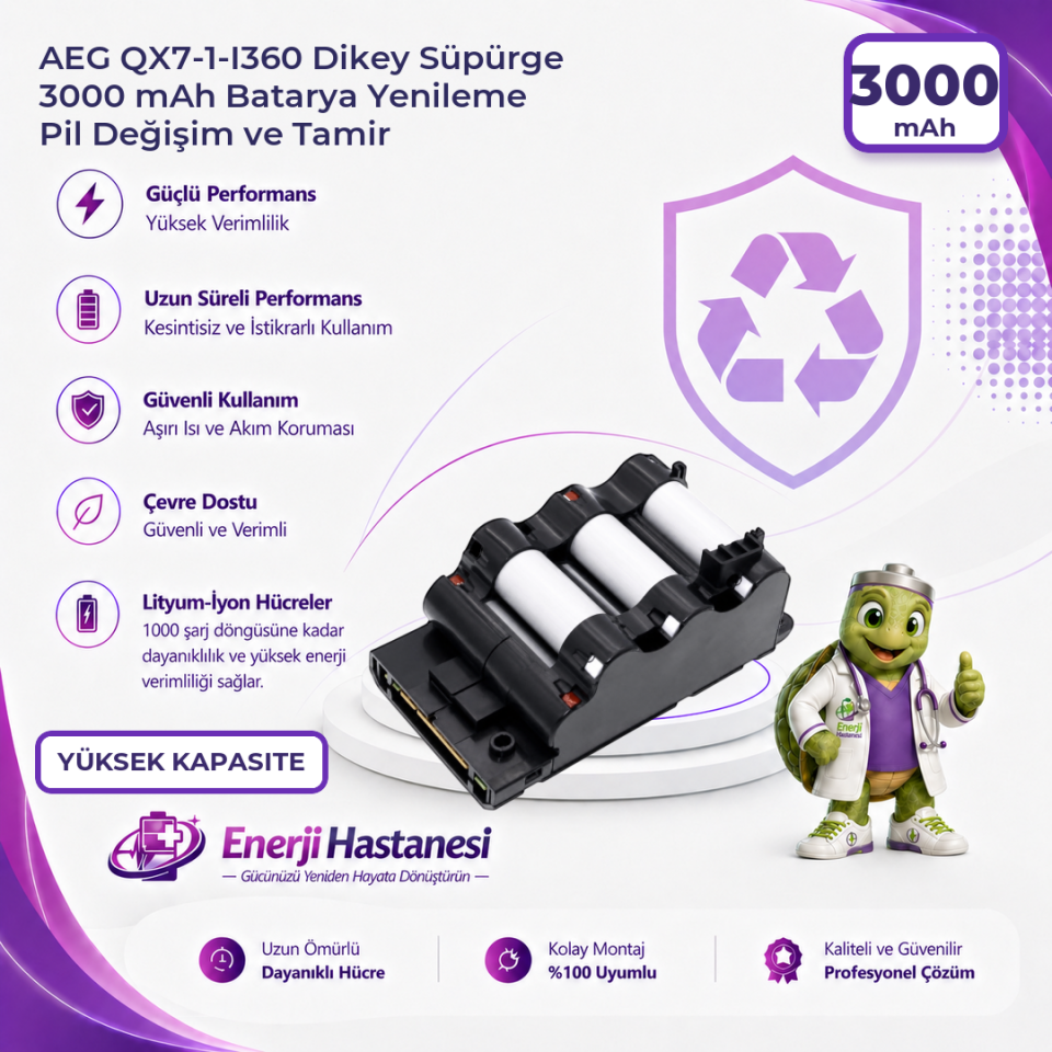 AEG QX7-1-I360 Dikey Süpürge 3000 mAh Batarya Yenileme Pil Değişim ve Tamir