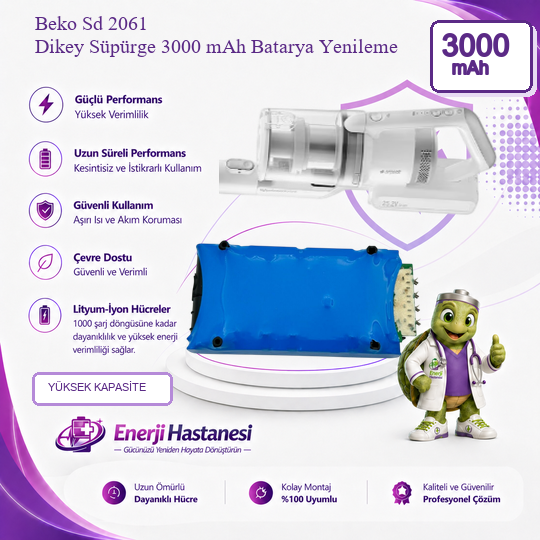 Beko Sd 2061 Dikey Süpürge 3000 mAh Batarya Yenileme