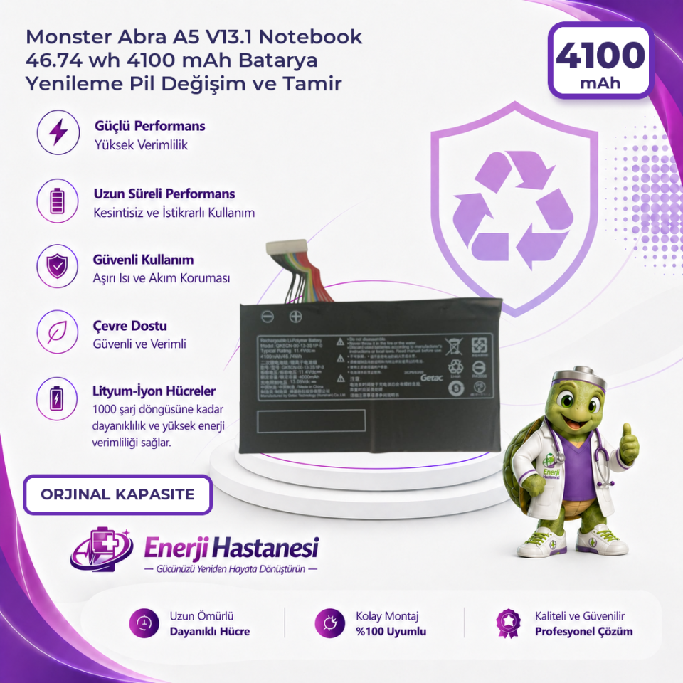 Monster Abra A5 V13.1 Notebook 46.74 wh 4100 mAh Batarya Yenileme Pil Değişim ve Tamir