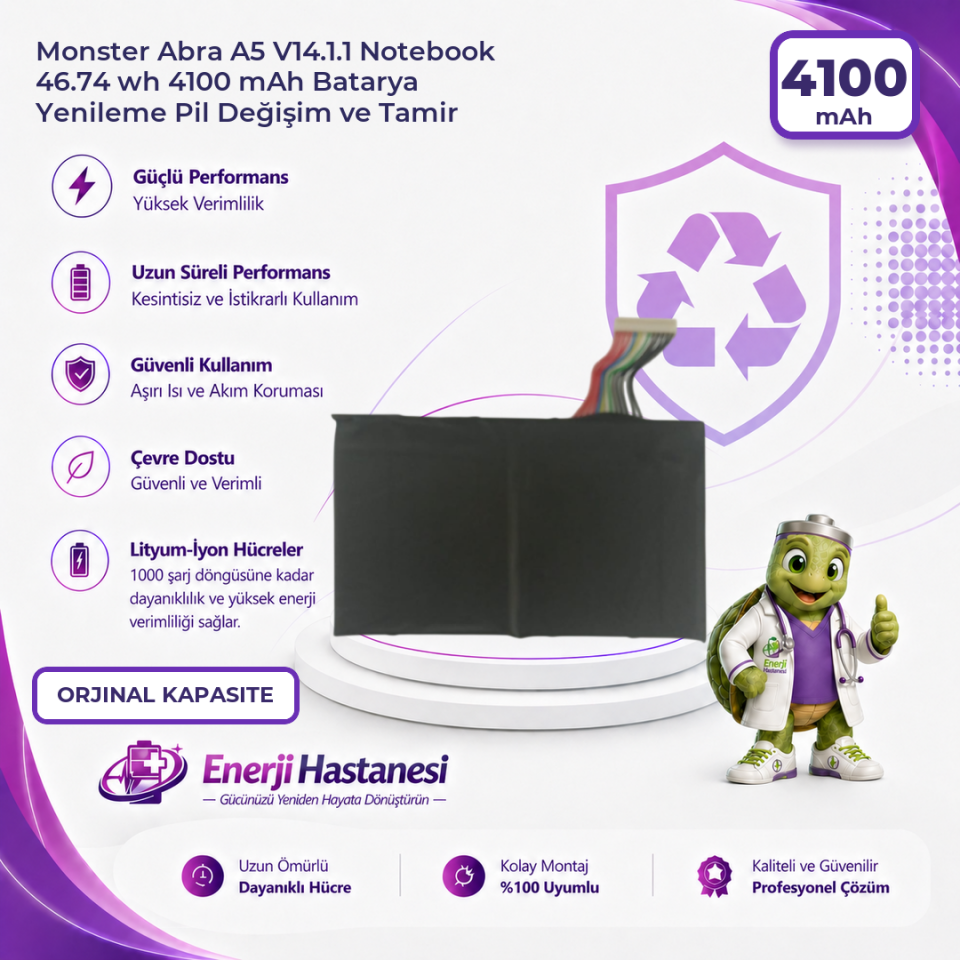 Monster Abra A5 V14.1.1 Notebook 46.74 wh 4100 mAh Batarya Yenileme Pil Değişim ve Tamir