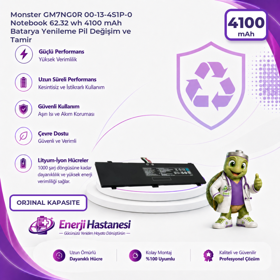 Monster GM7NG0R 00-13-4S1P-0 Notebook 62.32 wh 4100 mAh Batarya Yenileme Pil Değişim ve Tamir