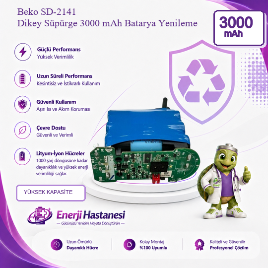 Beko SD-2141 Dikey Süpürge 3000 mAh Batarya Yenileme