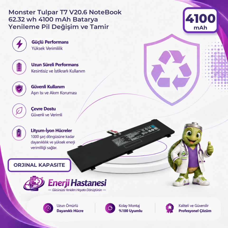 Monster Tulpar T7 V20.6 NoteBook 62.32 wh 4100 mAh Batarya Yenileme Pil Değişim ve Tamir