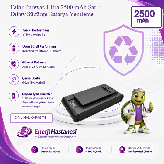 Fakir Purevac Ultra Şarjlı Dikey Süpürge 2500 mAh Batarya Yenileme