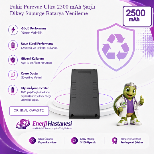 Fakir Purevac Ultra Şarjlı Dikey Süpürge 2500 mAh Batarya Yenileme