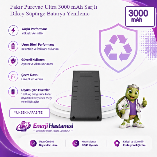 Fakir Purevac Ultra Şarjlı Dikey Süpürge 3000 mAh Batarya Yenileme