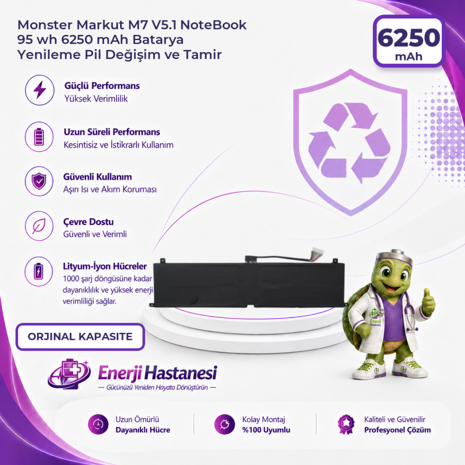 Monster Markut M7 V5.1 NoteBook 95 wh 6250 mAh Batarya Yenileme Pil Değişim ve Tamir