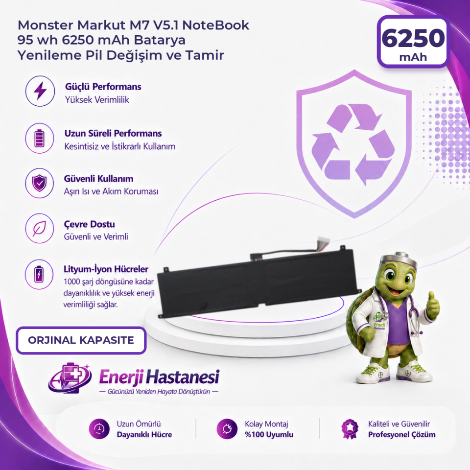 Monster Markut M7 V5.1 NoteBook 95 wh 6250 mAh Batarya Yenileme Pil Değişim ve Tamir