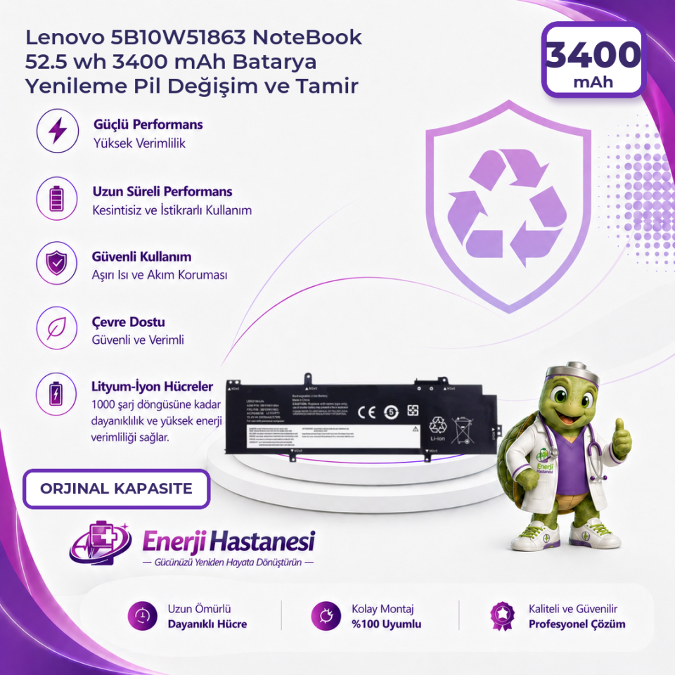 Lenovo 5B10W51863 NoteBook 52.5 wh 3400 mAh Batarya Yenileme Pil Değişim ve Tamir