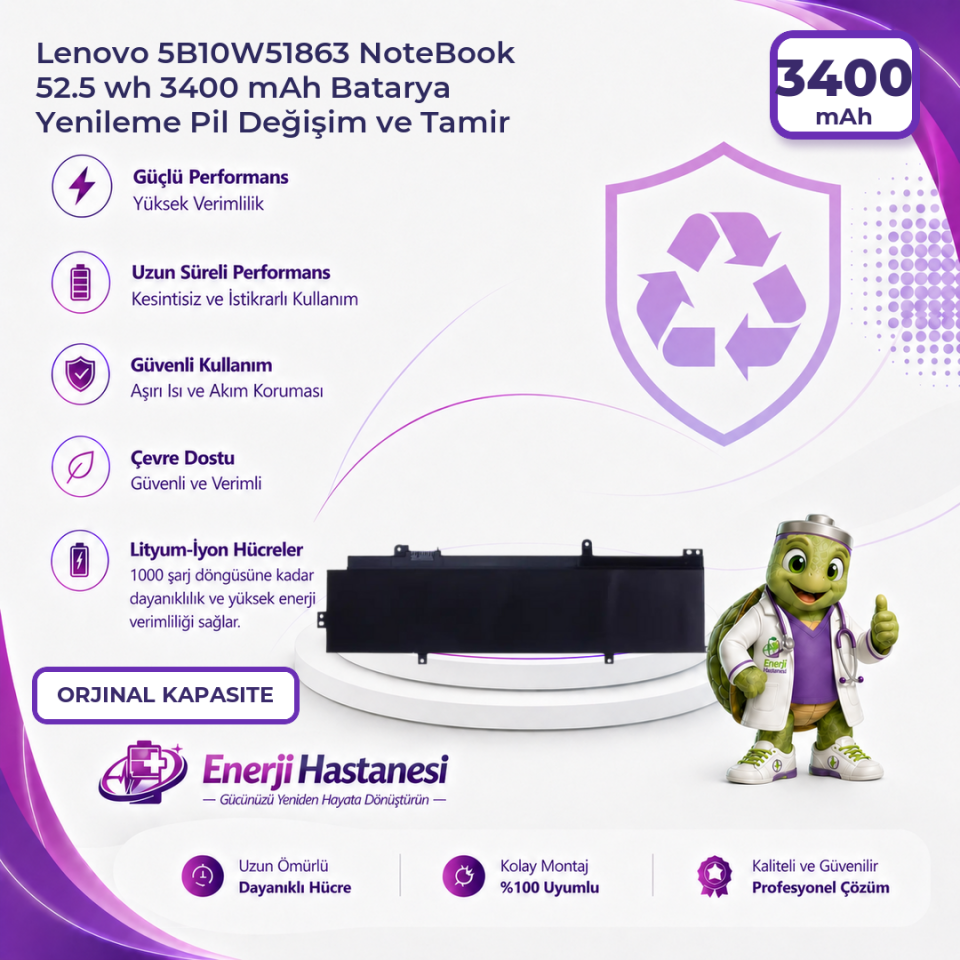 Lenovo 5B10W51863 NoteBook 52.5 wh 3400 mAh Batarya Yenileme Pil Değişim ve Tamir