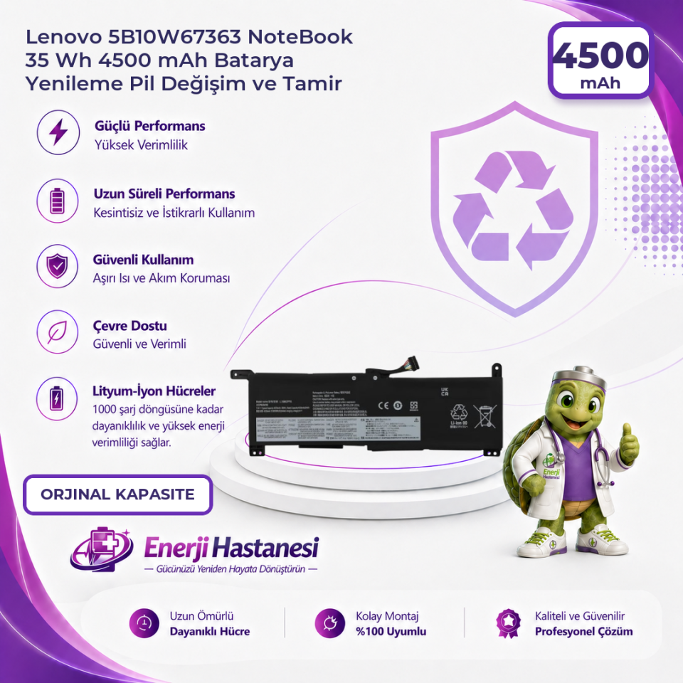 Lenovo 5B10W67363 NoteBook 35 Wh 4500 mAh Batarya Yenileme Pil Değişim ve Tamir