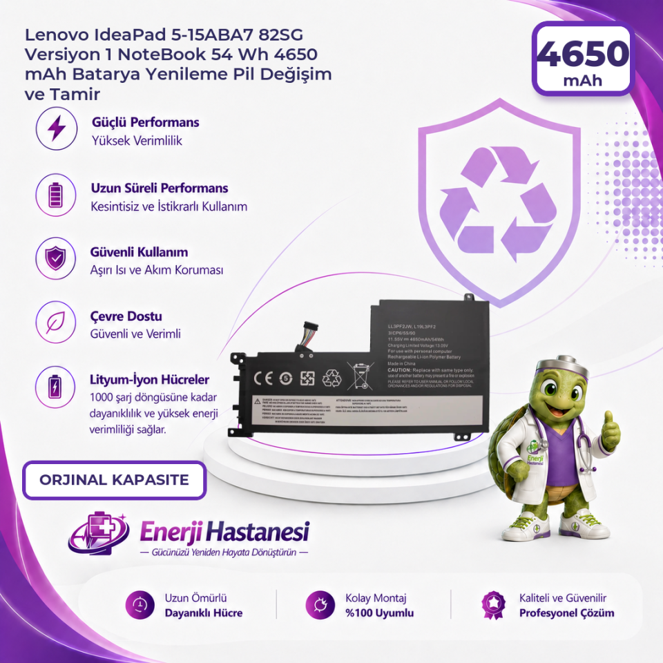 Lenovo IdeaPad 5-15ABA7 82SG Versiyon 1 NoteBook 54 Wh 4650 mAh Batarya Yenileme Pil Değişim ve Tamir