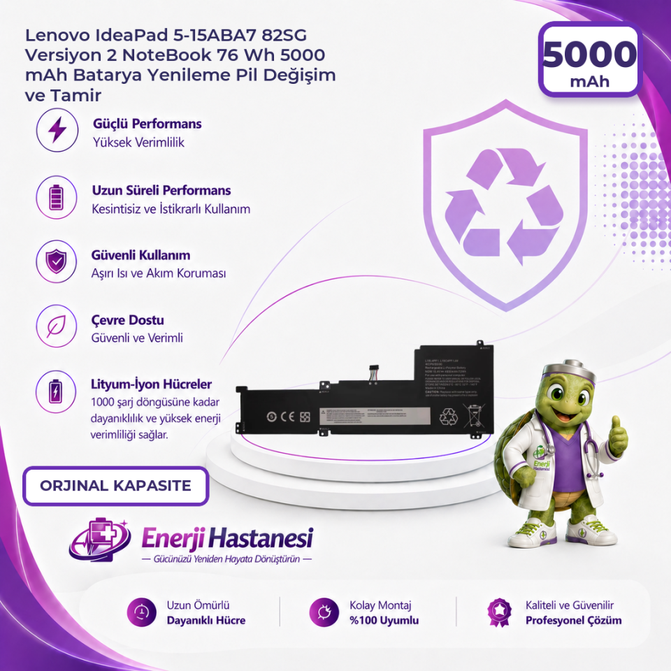 Lenovo IdeaPad 5-15ABA7 82SG Versiyon 2 NoteBook 76 Wh 5000 mAh Batarya Yenileme Pil Değişim ve Tamir