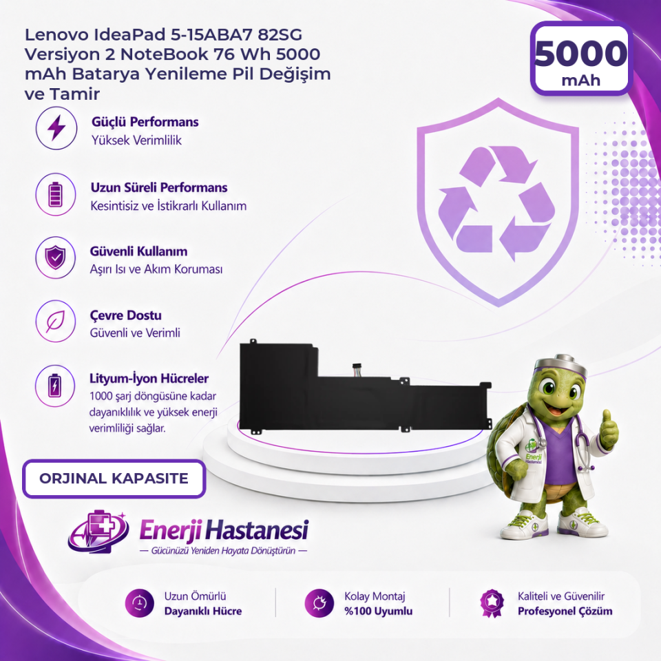 Lenovo IdeaPad 5-15ABA7 82SG Versiyon 2 NoteBook 76 Wh 5000 mAh Batarya Yenileme Pil Değişim ve Tamir