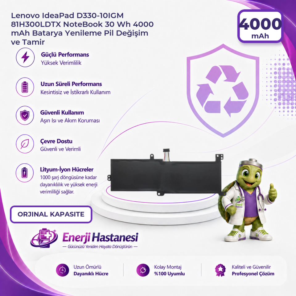 Lenovo IdeaPad D330-10IGM 81H300LDTX NoteBook 30 Wh 4000 mAh Batarya Yenileme Pil Değişim ve Tamir