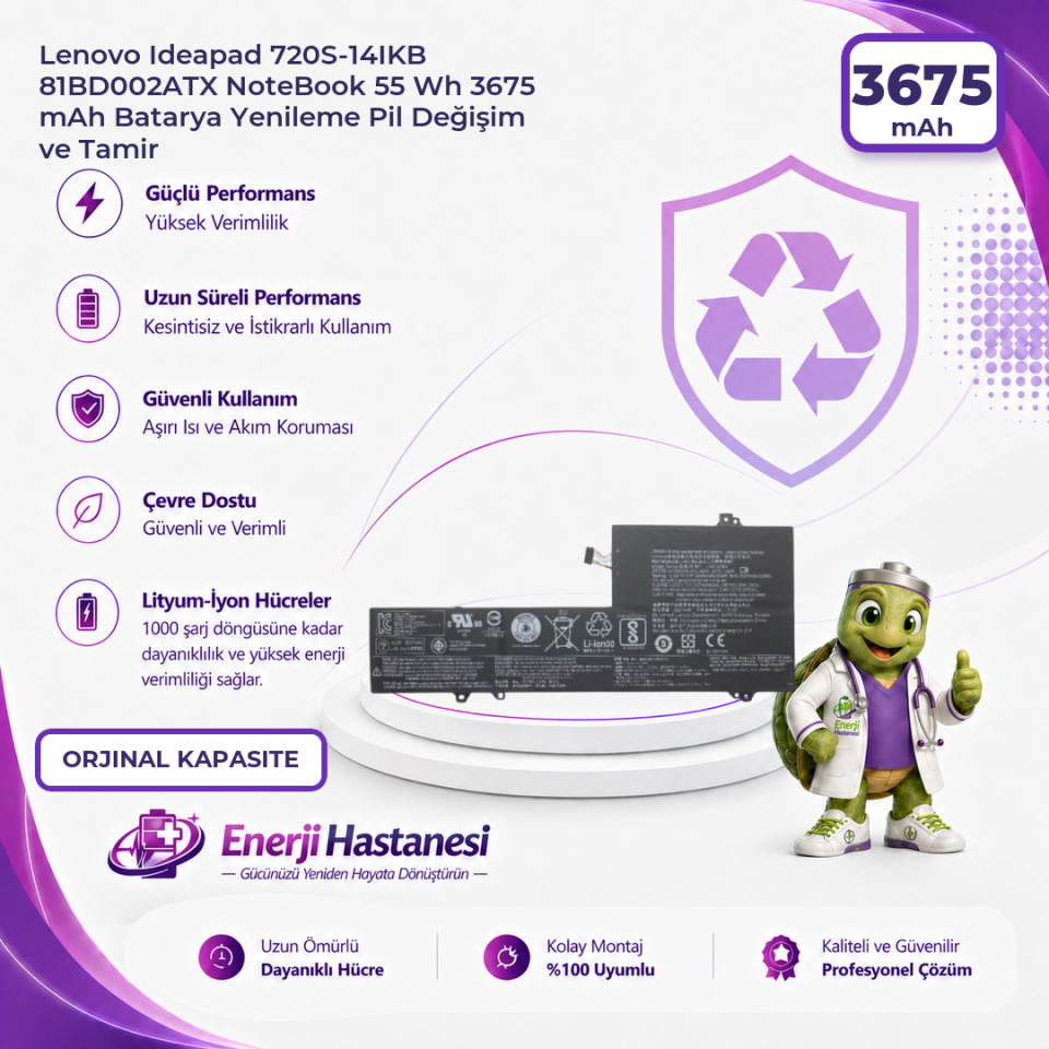 Lenovo Ideapad 720S-14IKB 81BD002ATX NoteBook 55 Wh 3675 mAh Batarya Yenileme Pil Değişim ve Tamir