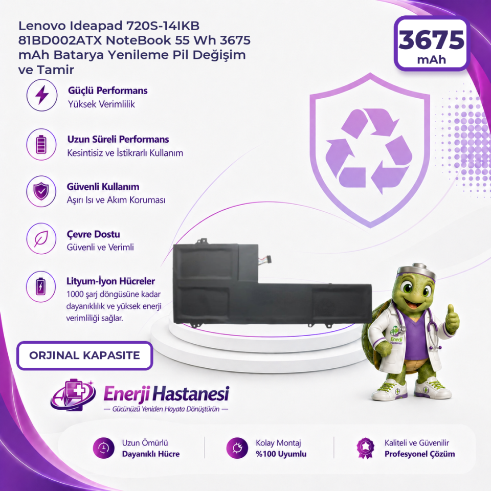 Lenovo Ideapad 720S-14IKB 81BD002ATX NoteBook 55 Wh 3675 mAh Batarya Yenileme Pil Değişim ve Tamir