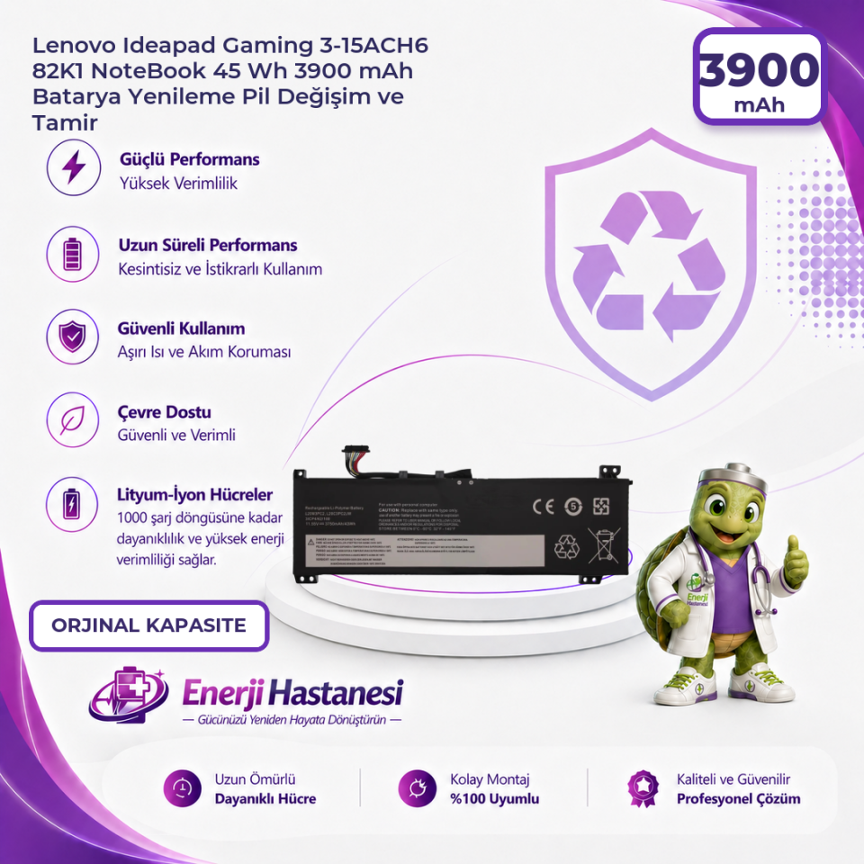 Lenovo Ideapad Gaming 3-15ACH6 82K1 NoteBook 45 Wh 3900 mAh Batarya Yenileme Pil Değişim ve Tamir