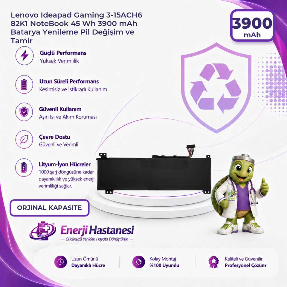 Lenovo Ideapad Gaming 3-15ACH6 82K1 NoteBook 45 Wh 3900 mAh Batarya Yenileme Pil Değişim ve Tamir