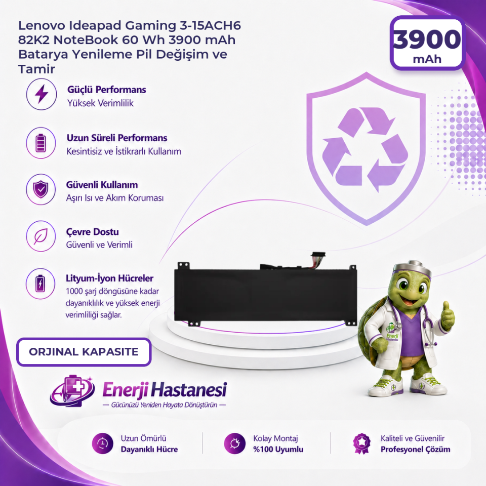 Lenovo Ideapad Gaming 3-15ACH6 82K2 NoteBook 60 Wh 3900 mAh Batarya Yenileme Pil Değişim ve Tamir