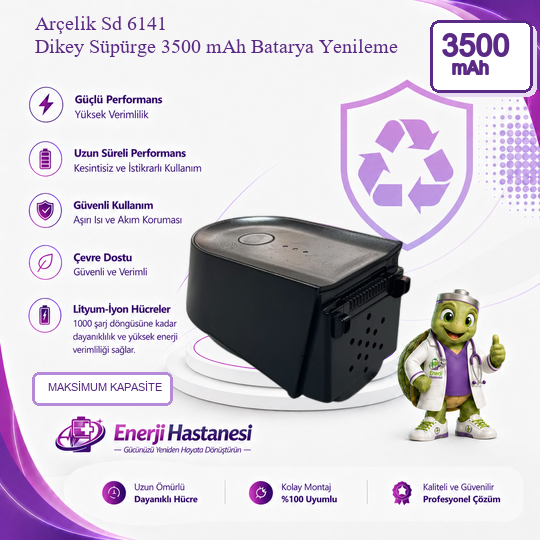 Arçelik Sd 6141 Dikey Süpürge 3500 mAh Batarya Yenileme