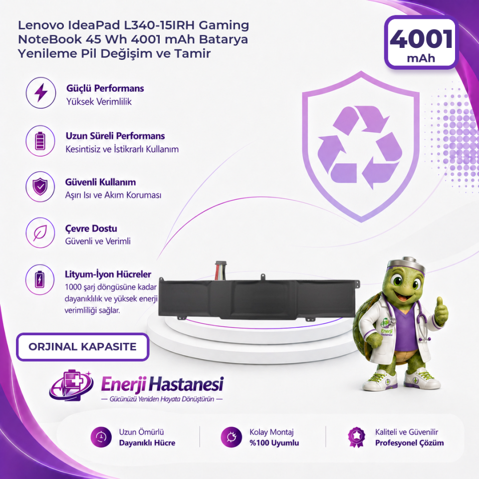 Lenovo IdeaPad L340-15IRH Gaming NoteBook 45 Wh 4001 mAh Batarya Yenileme Pil Değişim ve Tamir