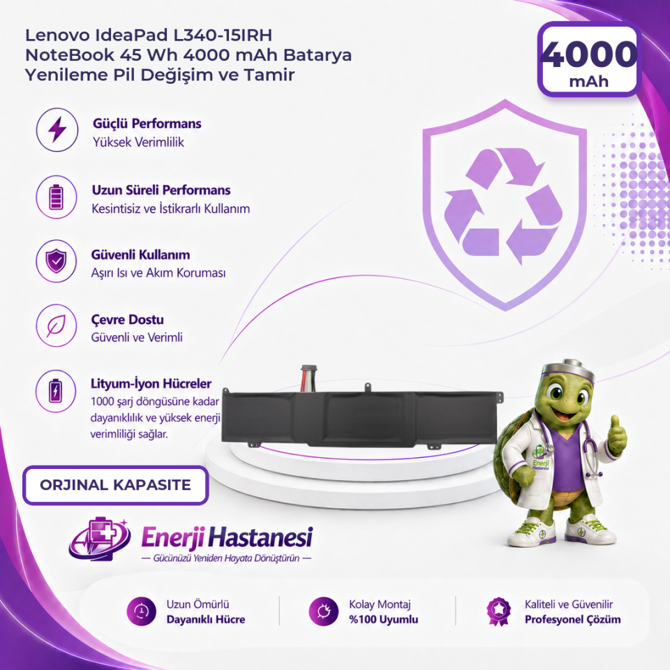 Lenovo IdeaPad L340-15IRH NoteBook 45 Wh 4000 mAh Batarya Yenileme Pil Değişim ve Tamir
