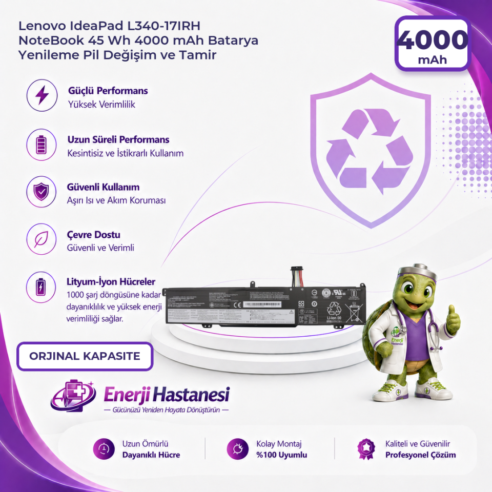 Lenovo IdeaPad L340-17IRH NoteBook 45 Wh 4000 mAh Batarya Yenileme Pil Değişim ve Tamir