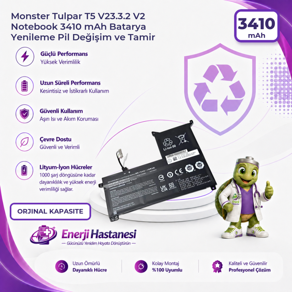 Monster Tulpar T5 V23.3.2 V2 Notebook 3410 mAh Batarya Yenileme Pil Değişim ve Tamir