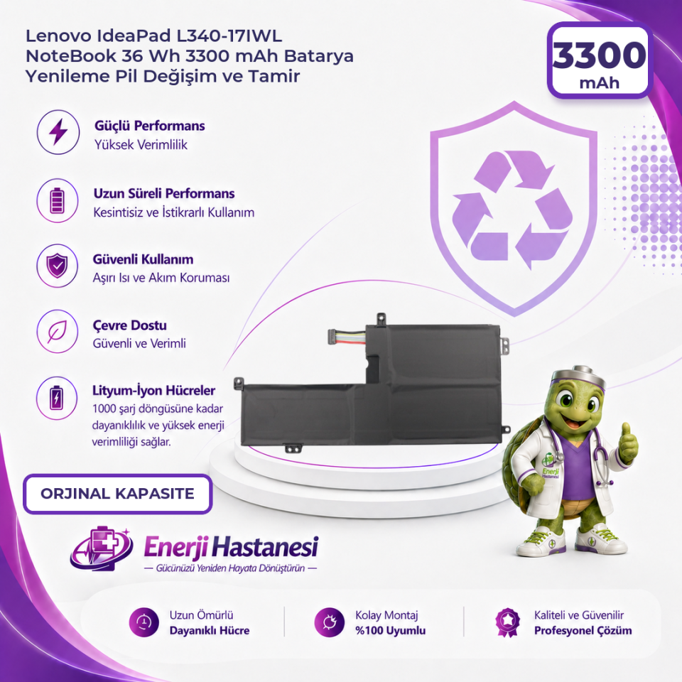 Lenovo IdeaPad L340-17IWL NoteBook 36 Wh 3300 mAh Batarya Yenileme Pil Değişim ve Tamir