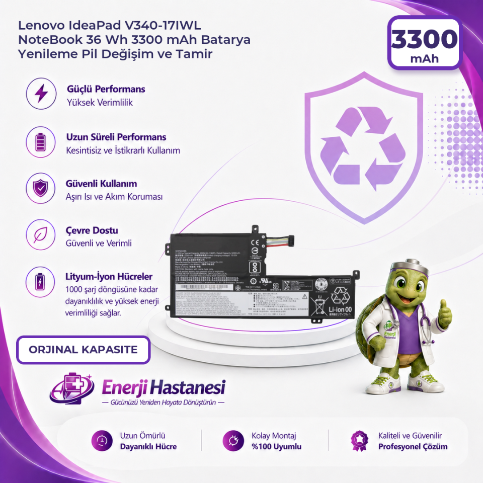 Lenovo IdeaPad V340-17IWL NoteBook 36 Wh 3300 mAh Batarya Yenileme Pil Değişim ve Tamir