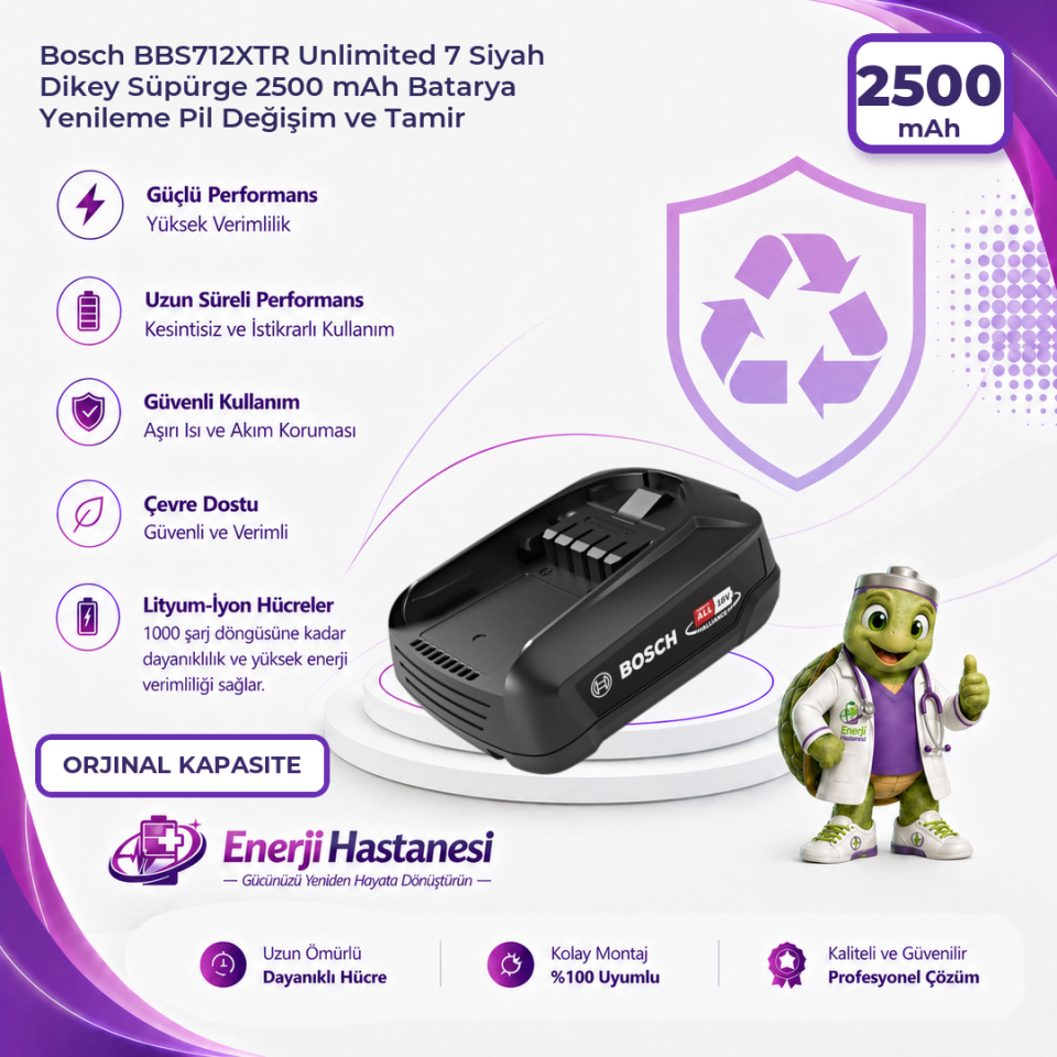 Bosch BBS712XTR Unlimited 7 Siyah Dikey Süpürge 2500 mAh Batarya Yenileme Pil Değişim ve Tamir