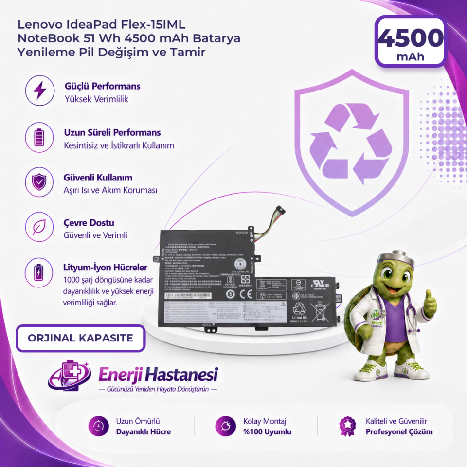Lenovo IdeaPad Flex-15IML NoteBook 51 Wh 4500 mAh Batarya Yenileme Pil Değişim ve Tamir