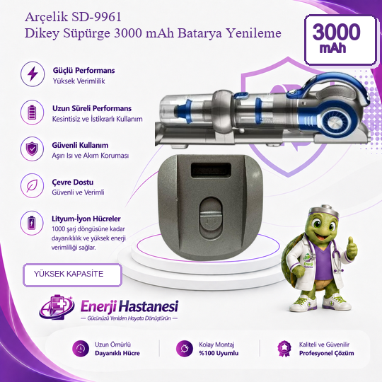 Arçelik SD-9961 Dikey Süpürge 3000 mAh Batarya Yenileme