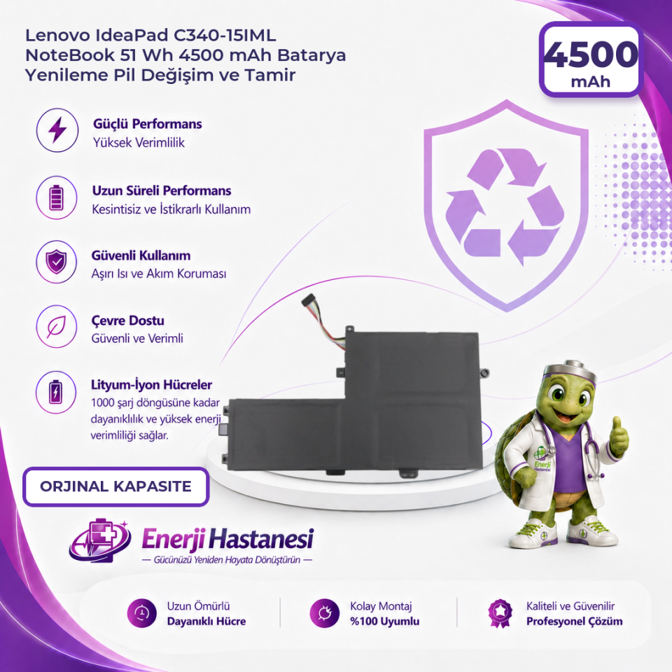 Lenovo IdeaPad C340-15IML NoteBook 51 Wh 4500 mAh Batarya Yenileme Pil Değişim ve Tamir