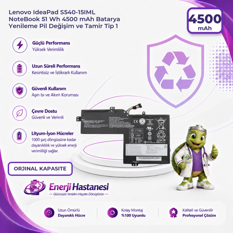 Lenovo IdeaPad S540-15IML NoteBook 51 Wh 4500 mAh Batarya Yenileme Pil Değişim ve Tamir Tip 1