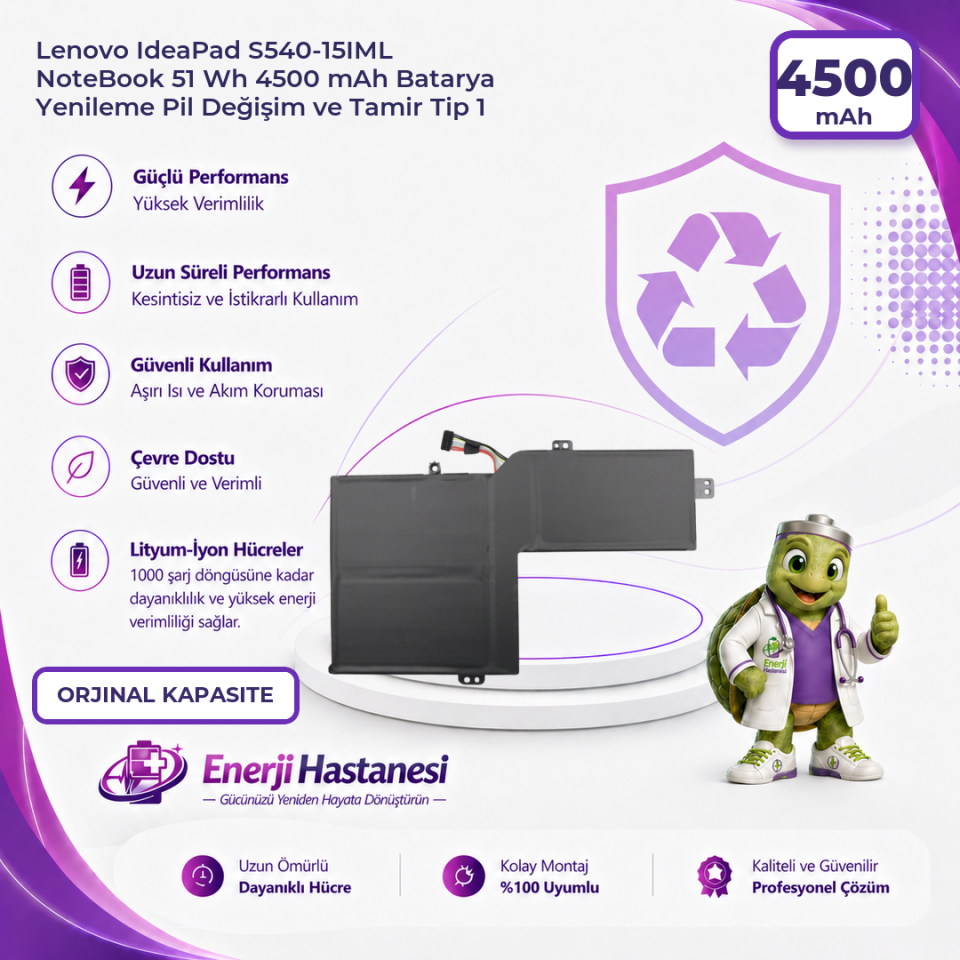 Lenovo IdeaPad S540-15IML NoteBook 51 Wh 4500 mAh Batarya Yenileme Pil Değişim ve Tamir Tip 1