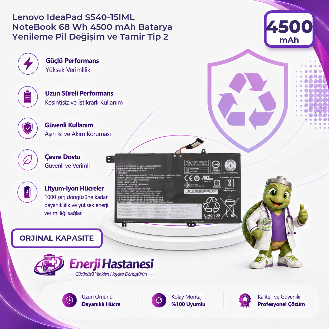 Lenovo IdeaPad S540-15IML NoteBook 68 Wh 4500 mAh Batarya Yenileme Pil Değişim ve Tamir Tip 2