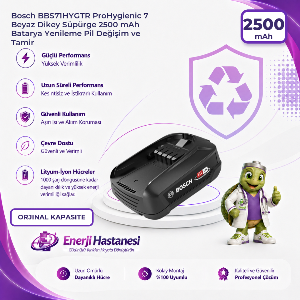 Bosch BBS71HYGTR ProHygienic 7 Beyaz Dikey Süpürge 2500 mAh Batarya Yenileme Pil Değişim ve Tamir